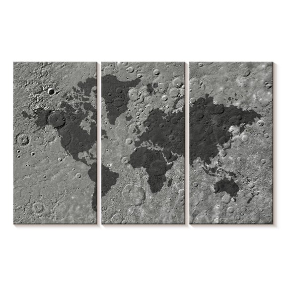 Elephant Stock Moon World Map Wall Art - Horizontal Multi Panel Canvas - Living Room Wall Decor - Map Multi Panel - Gray And Black Decor - 33" x 20"