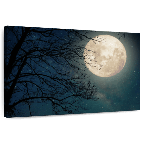 Elephant Stock Moonlight Tree Wall Art - Horizontal Canvas Wall Art - Living Room Wall Decor - Astronomy & Space Canvas - Yellow And Blue Decor - 48" x 32"