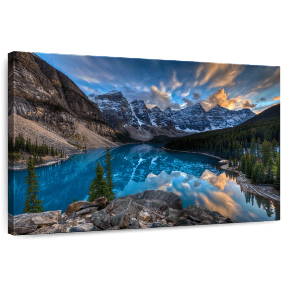 Elephant Stock Moraine Lake Sunset Wall Art - Horizontal Canvas Wall Art - Living Room Wall Decor - Nature Canvas - Blue And Brown Decor - 45" x 30"