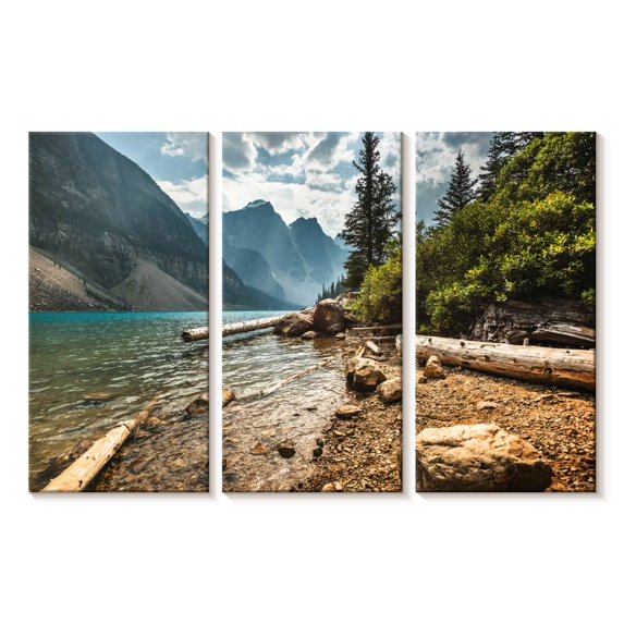Elephant Stock Moraine Lake Waterfront Wall Art - Horizontal Multi Panel Canvas - Living Room Wall Decor - Nature Multi Panel - Gray And Brown Decor - 23" x 14"
