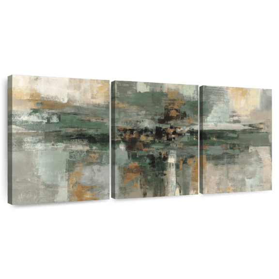 Elephant Stock Morning Fjord Rifle Green Wall Art - Horizontal Multi Panel Canvas - Living Room Wall Decor - Abstract Multi Panel - Green And Gray Decor By Silvia Vassileva - 26" x 12"