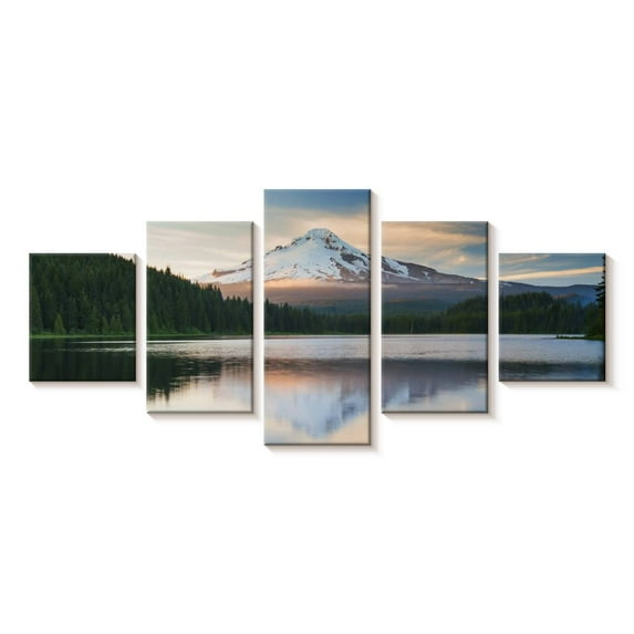 Elephant Stock Mount Hood Panorama Wall Art - Horizontal Multi Panel Canvas - Living Room Wall Decor - Nature Multi Panel - White And Blue Decor - 29" x 12"