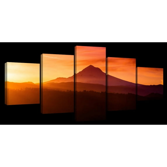Elephant Stock Mount Hood Sunrise Wall Art - Horizontal Multi Panel Canvas - 5 Pieceliving Room Wall Decor - Photography Wellness Multi Panel - Orange And Purple Decor - 36" x 15"