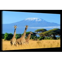 Elephant Stock Mount Kilimanjaro Giraffes Wall Art - Horizontal Canvas Wall Art - Living Room Wall Decor - Photography Animal Canvas - Blue And Green Decor - 12" x 8"