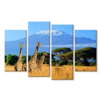 Elephant Stock Mount Kilimanjaro Giraffes Wall Art - Horizontal Multi Panel Canvas - Living Room Wall Decor - Animal Multi Panel - Blue And Green Decor - 30" x 18"