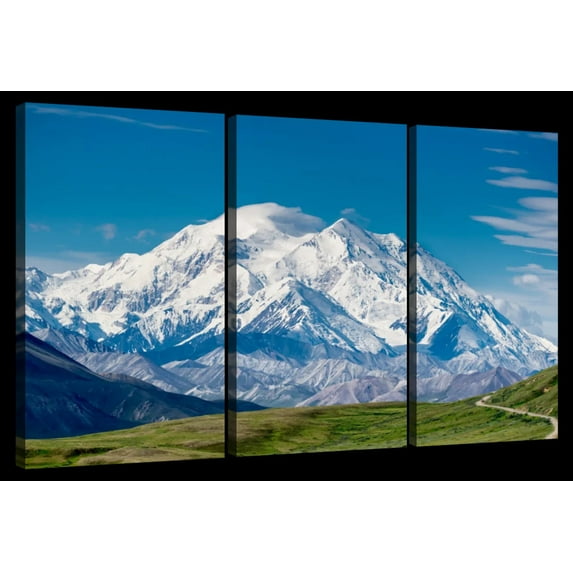 Elephant Stock Mount Mckinley Denali Wall Art - Horizontal Multi Panel Canvas - 3 Pieceliving Room Wall Decor - Photography Nature Multi Panel - Beige And Gray Decor - 74" x 48"