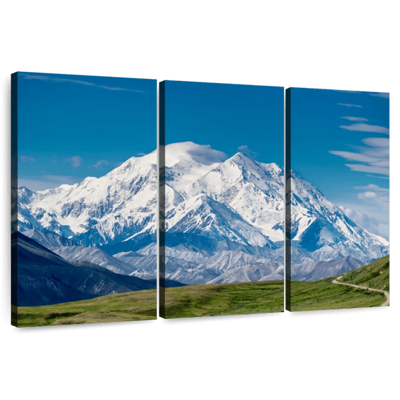 Elephant Stock Mount Mckinley Denali Wall Art - Horizontal Multi Panel Canvas - 3 Pieceliving Room Wall Decor - Photography Nature Multi Panel - Beige And Gray Decor - 74" x 48"