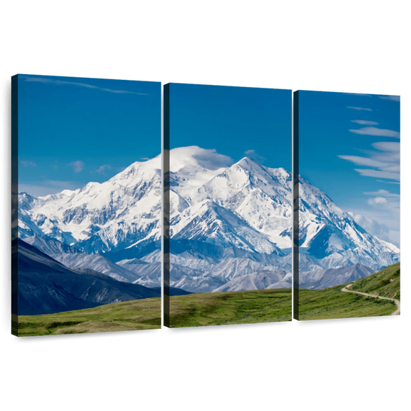 Elephant Stock Mount Mckinley Denali Wall Art - Horizontal Multi Panel Canvas - 3 Pieceliving Room Wall Decor - Photography Nature Multi Panel - Beige And Gray Decor - 33" x 20"