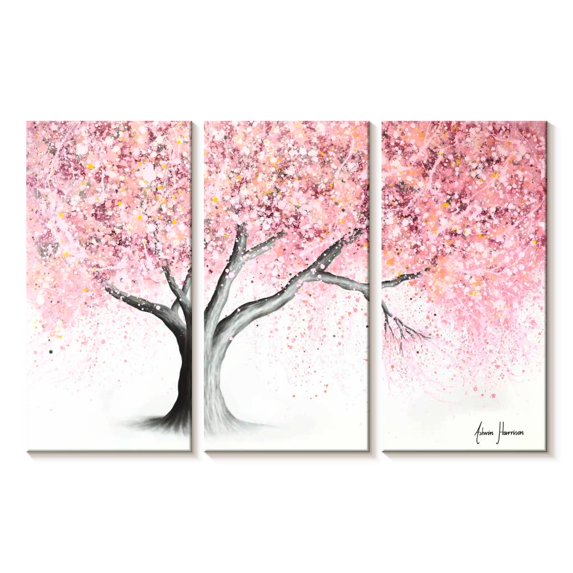 Elephant Stock Mountain Blossom Tree Wall Art - Horizontal Multi Panel Canvas - Living Room Wall Decor - Floral And Botanical Multi Panel - Pink And Beige Decor By Ashvin Harrison - 23" x 14"