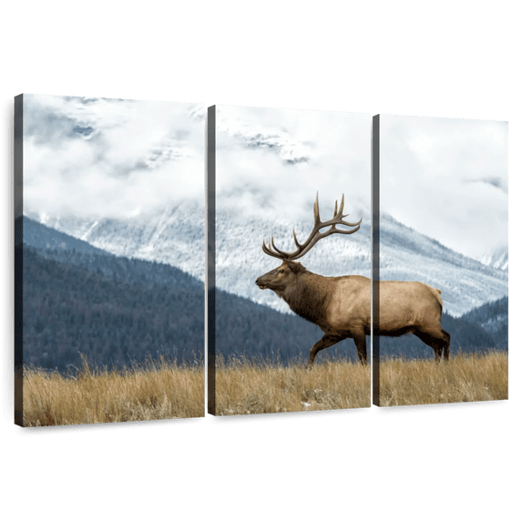 Elephant Stock Mountain Bull Elk Wall Art - Horizontal Multi Panel Canvas - Living Room Wall Decor - Animal Multi Panel - Brown And White Decor - 33" x 20"