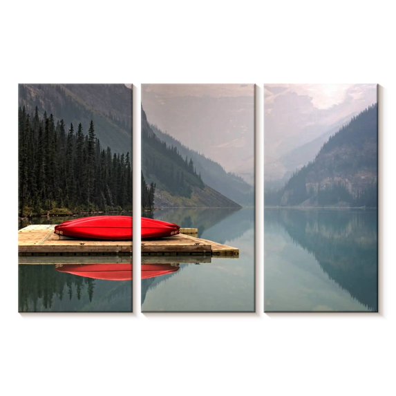 Elephant Stock Mountain Lake Kayak Wall Art - Horizontal Multi Panel Canvas - Living Room Wall Decor - Nature Multi Panel - Red And Green Decor - 23" x 14"
