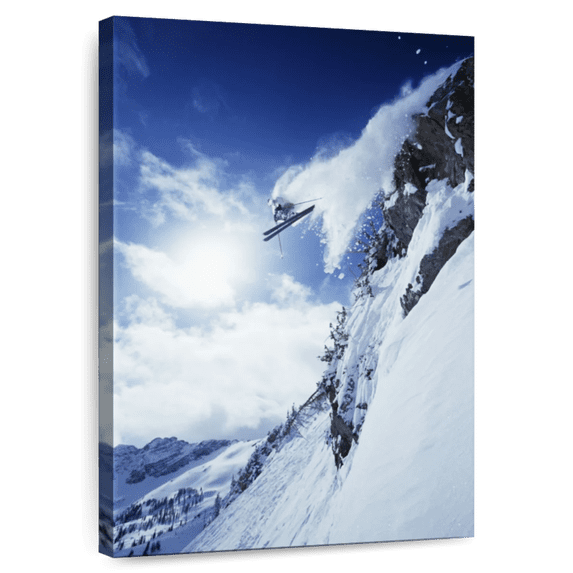 Elephant Stock Mountain Ledge Skiing Wall Art - Vertical Canvas Wall Art - Living Room Wall Decor - Sports Canvas - Blue And White Decor - 24" x 36"