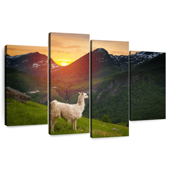 Elephant Stock Mountain Llama Wall Art - Horizontal Multi Panel Canvas - Living Room Wall Decor - Animal Multi Panel - Green And Orange Decor - 84" x 54"