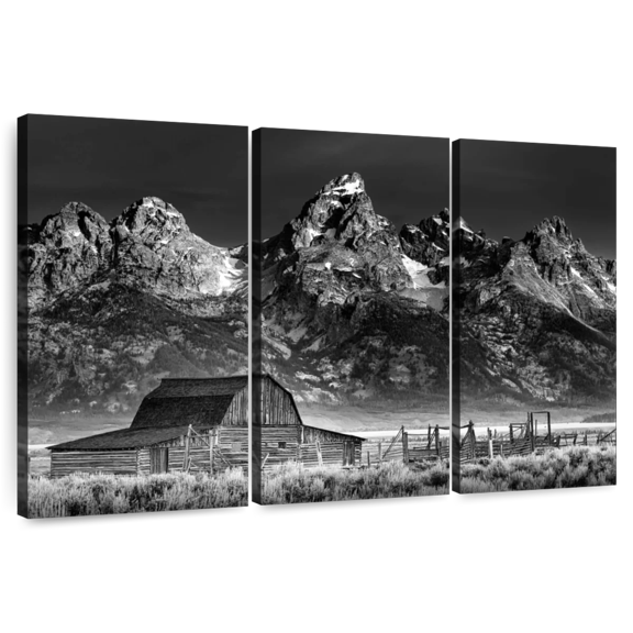 Elephant Stock Mountainside Moulton Barn Wall Art - Horizontal Multi Panel Canvas - Living Room Wall Decor - Nature Multi Panel - Gray And Black Decor - 50" x 32"