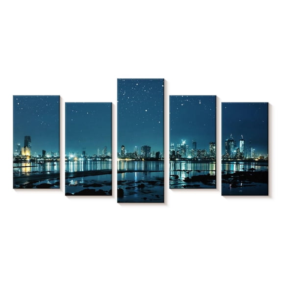 Elephant Stock Mumbai Skyline At Night Wall Art - Horizontal Multi Panel Canvas - Living Room Wall Decor - City Multi Panel - Black And Blue Decor - 74" x 37"