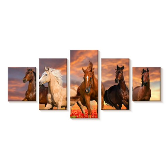 Elephant Stock Mustang Horses Wall Art - Horizontal Multi Panel Canvas - Living Room Wall Decor - Animal Multi Panel - Red And Orange Decor - 74" x 34"
