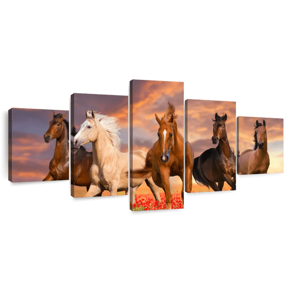 Elephant Stock Mustang Horses Wall Art - Horizontal Multi Panel Canvas - Living Room Wall Decor - Animal Multi Panel - Red And Orange Decor - 74" x 34"