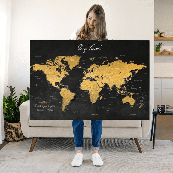 Elephant Stock My Travels Push Pin World Map Wall Art - Map Canvas Art - 12" x 8"