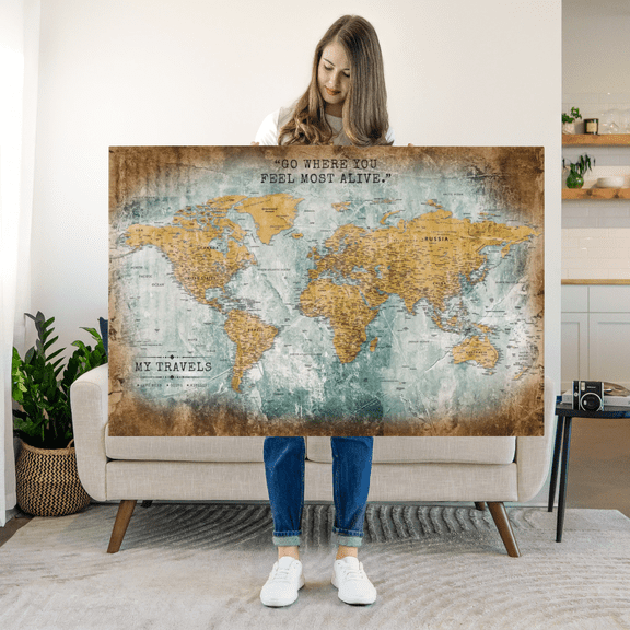 Elephant Stock My Travels World Push Pin Map Wall Art - Map Canvas Art - 36" x 24"