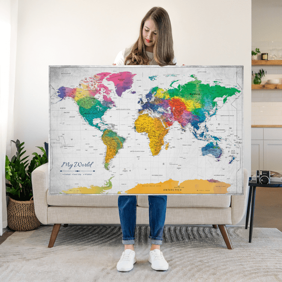 Elephant Stock My World Map With Push Pins Iii Wall Art - Map Canvas Art - 12" x 8"