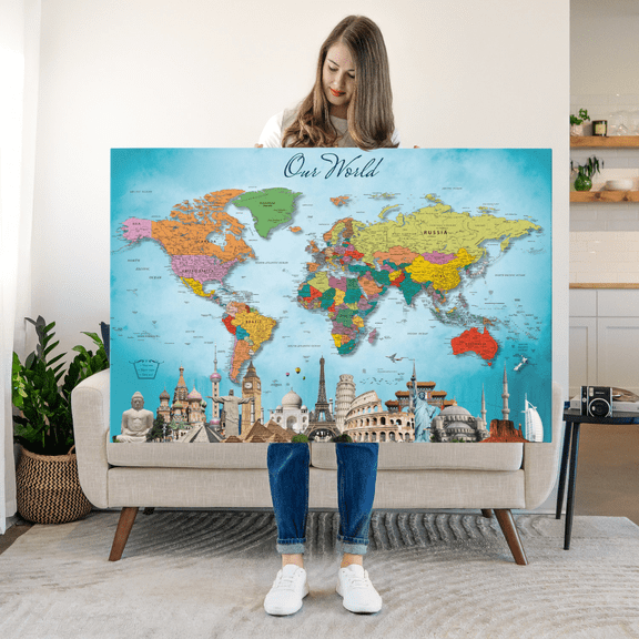 Elephant Stock My World Push Pin Travel Map Ii Wall Art - Map Canvas Art - 12" x 8"