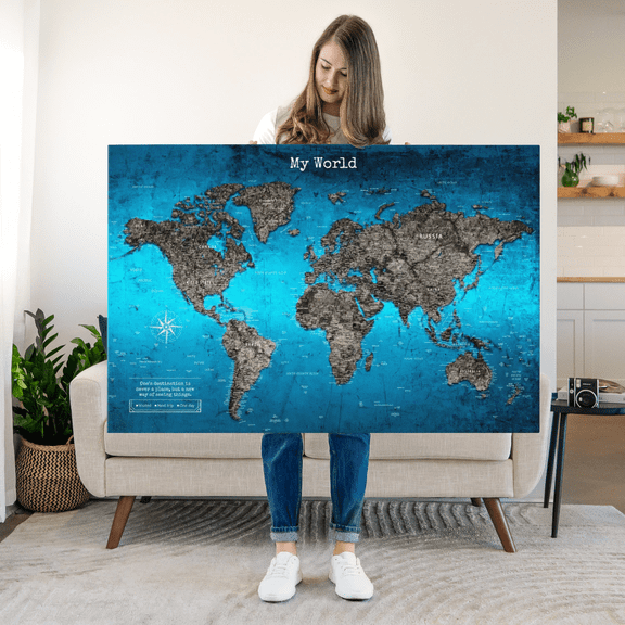 Elephant Stock My World Push Pin Travel Map Iii Wall Art - Map Canvas Art - 12" x 8"