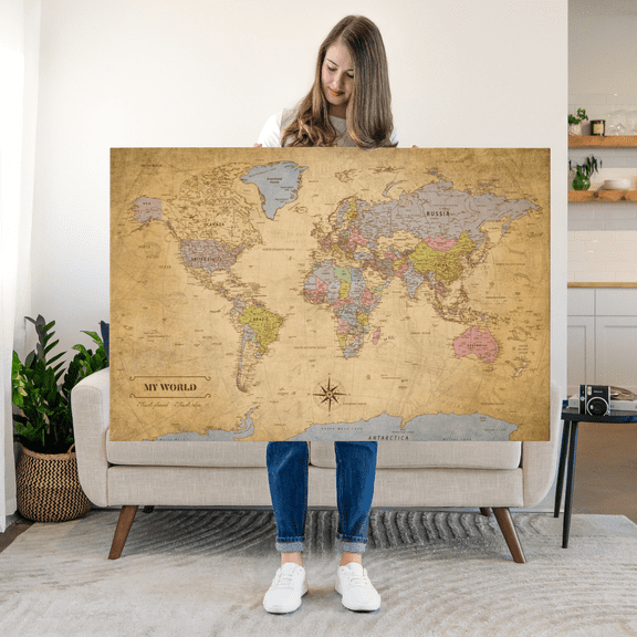 Elephant Stock My World Travel Map Push Pin Ii Wall Art - Map Canvas Art - 12" x 8"