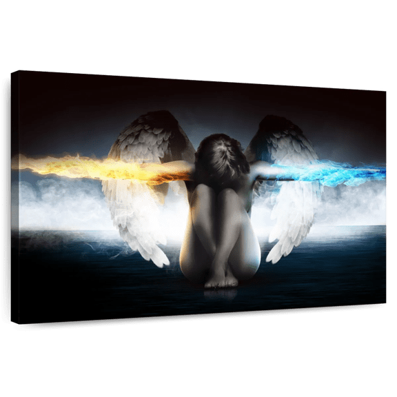 Elephant Stock Mysterious Guardian Angel Wall Art - Horizontal Canvas Wall Art - Hallway Wall Decor - People Canvas - Blue And Gray Decor - 48" x 32"