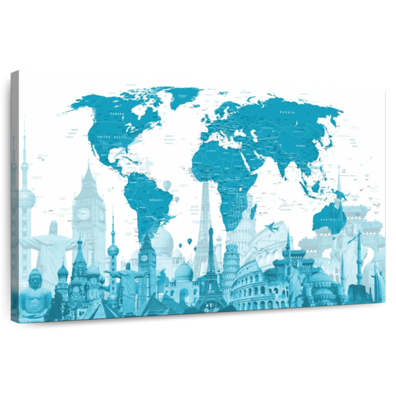 Elephant Stock Mystic Blue World Map Wall Art - Horizontal Canvas Wall Art - Living Room Wall Decor - Map Canvas - White And Blue Decor - 48" x 32"