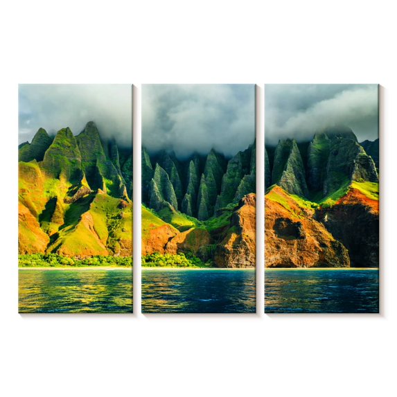 Elephant Stock Na Pali Coast Wall Art - Horizontal Multi Panel Canvas - Living Room Wall Decor - Beach Multi Panel - Yellow And Teal Decor - 23" x 14"