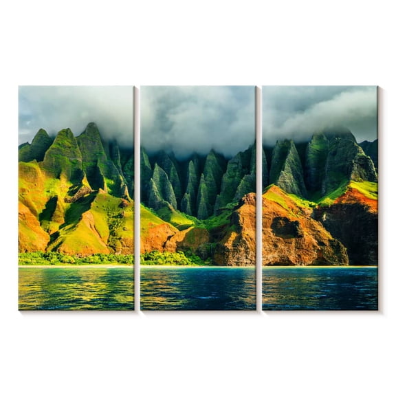 Elephant Stock Na Pali Coast Wall Art - Horizontal Multi Panel Canvas - Living Room Wall Decor - Beach Multi Panel - Yellow And Teal Decor - 33" x 20"