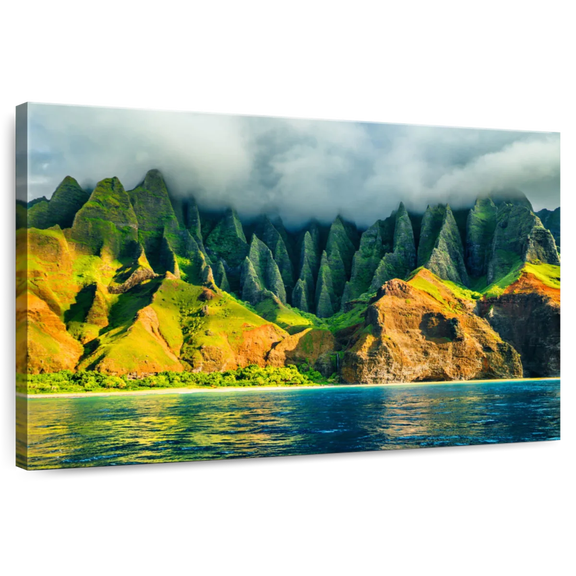 Elephant Stock Na Pali Sunshine Wall Art - Horizontal Canvas Wall Art - Living Room Wall Decor - Beach Canvas - Green And Blue Decor - 45" x 30"
