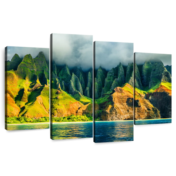 Elephant Stock - Na Pali Sunshine Wall Art - Horizontal Multi Panel - 4 Piece Living Room Wall Decor - Photography Beach Canvas Print - Green and Blue Decor - 75" x 48"