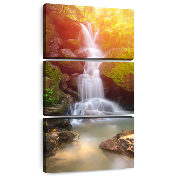 Elephant Stock Nakhon Nayok Waterfall Wall Art - Vertical Multi Panel Canvas - Living Room Wall Decor - Nature Multi Panel - Green And White Decor - 36" x 75"