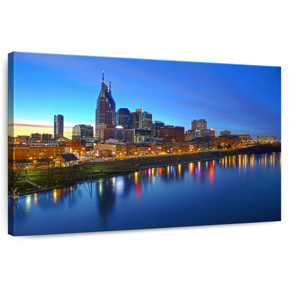 Elephant Stock Nashville City Skyline Wall Art - Horizontal Canvas Wall Art - Living Room Wall Decor - Places Canvas - Blue And Orange Decor - 51" x 34"