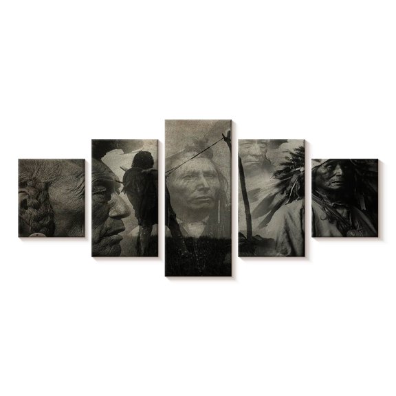 Elephant Stock Native Indian Wall Art - Horizontal Multi Panel Canvas - Living Room Wall Decor - Our America Multi Panel - Gray And Black Decor - 55" x 24"