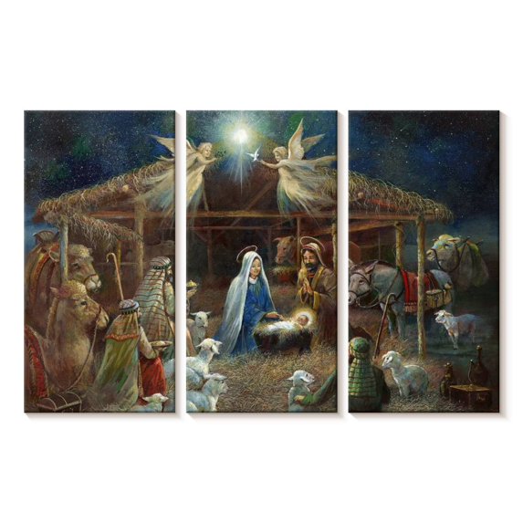 Elephant Stock The Nativity Ii Wall Art - Horizontal Multi Panel Canvas - Living Room Wall Decor - Holiday Multi Panel - Blue And Yellow Decor By Ruane Manning - 23" x 14"