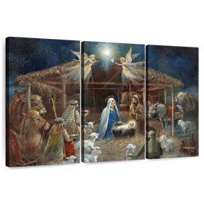 Elephant Stock The Nativity Ii Wall Art - Horizontal Multi Panel Canvas - Living Room Wall Decor - Holiday Multi Panel - Blue And Yellow Decor By Ruane Manning - 74" x 48"