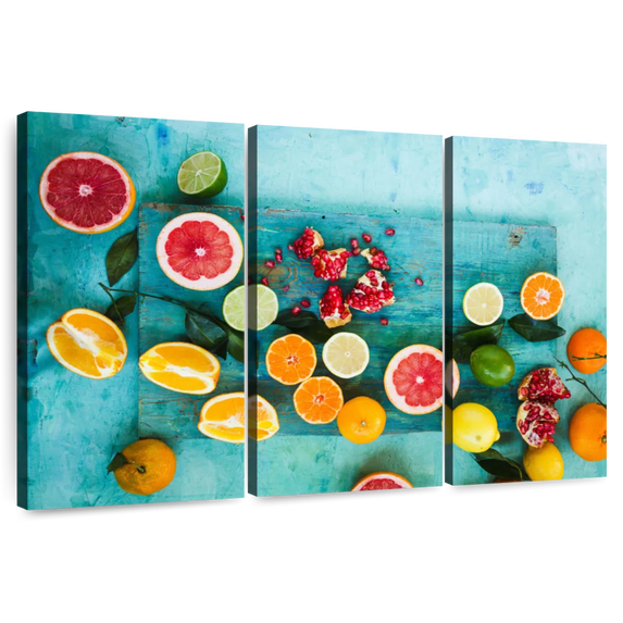 Elephant Stock Natural Citrus Fruits Wall Art - Horizontal Multi Panel Canvas - Dining Room Wall Decor - Food And Drink Multi Panel - Teal And Orange Decor - 45" x 28"