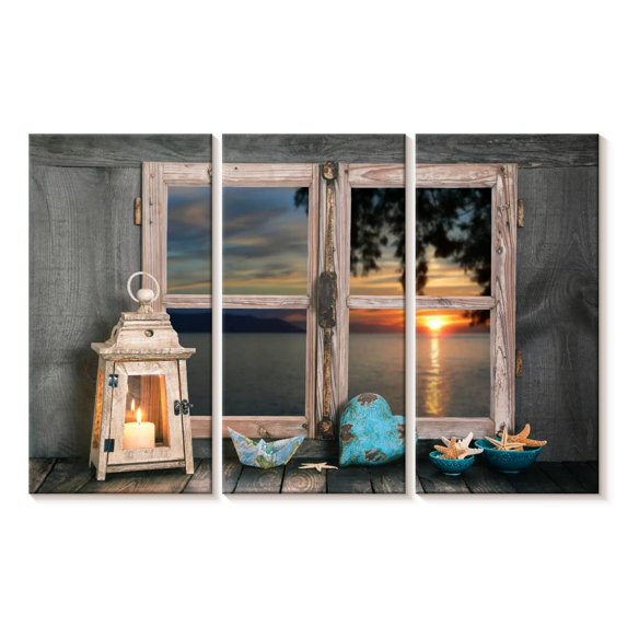 Elephant Stock Nautical Ocean Window Wall Art - Horizontal Multi Panel Canvas - Living Room Wall Decor - Nautical Multi Panel - Gray And Beige Decor - 57" x 36"