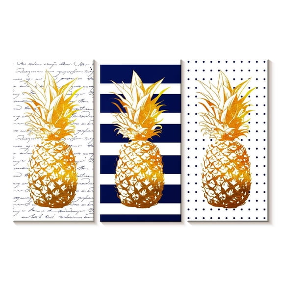 Elephant Stock Navy Pineapple Passion Wall Art - Horizontal Multi Panel Canvas - Dining Room Wall Decor - Food And Drink Multi Panel - White And Gold Decor - 23" x 14"
