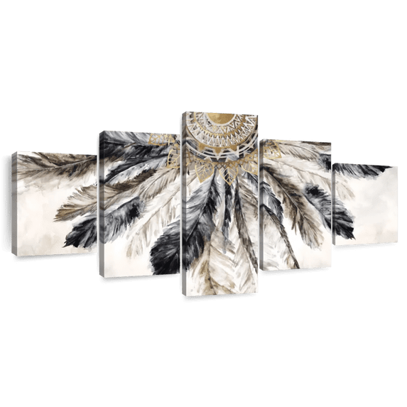 Elephant Stock Necklace Of Feathers Iii Wall Art - Horizontal Multi Panel Canvas - Living Room Wall Decor - Our America Multi Panel - Brown And Gray Decor By Eva Watts - 92" x 42"