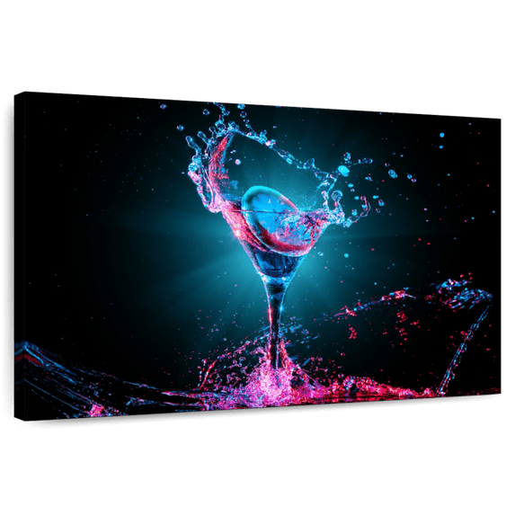 Elephant Stock Neon Cocktail Wall Art - Horizontal Canvas Wall Art - Living Room Wall Decor - Food And Drink Canvas - Teal And Black Decor - 12" x 8"