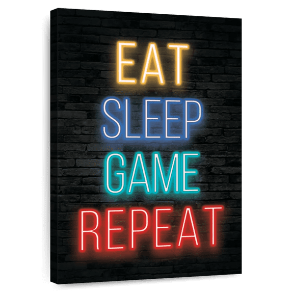 Elephant Stock Neon Eat Sleep Game Repeat Wall Art - Vertical Canvas Wall Art - Living Room Wall Decor - Hobbies And Lifestyle Canvas - Brown And Beige Decor - 32" x 48"