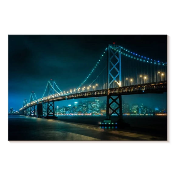 Elephant Stock Neon Golden Gate Sf Wall Art - Horizontal Canvas Wall Art - Living Room Wall Decor - Architecture Canvas - Teal And Black Decor - 12" x 8"