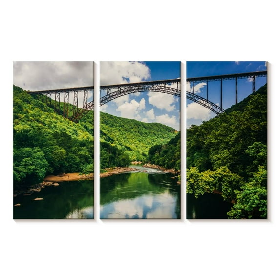 Elephant Stock New River Gorge Bridge Wall Art - Horizontal Multi Panel Canvas - Living Room Wall Decor - Architecture Multi Panel - Green And Blue Decor - 45" x 28"