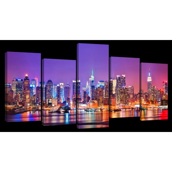 Elephant Stock New York City At Night Wall Art - Horizontal Multi Panel Canvas - 5 Pieceliving Room Wall Decor - Photography City Multi Panel - Purple And Pink Decor - 25" x 12"