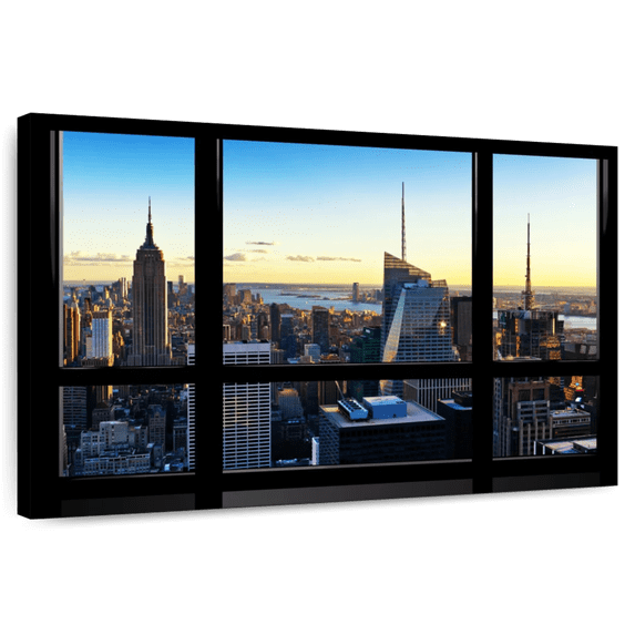 Elephant Stock New York At Sunset - View From The Window Wall Art - Horizontal Canvas Wall Art - Living Room Wall Decor - Places Canvas - Yellow And Blue Decor By Philippe Hugonnard - 36" x 24"