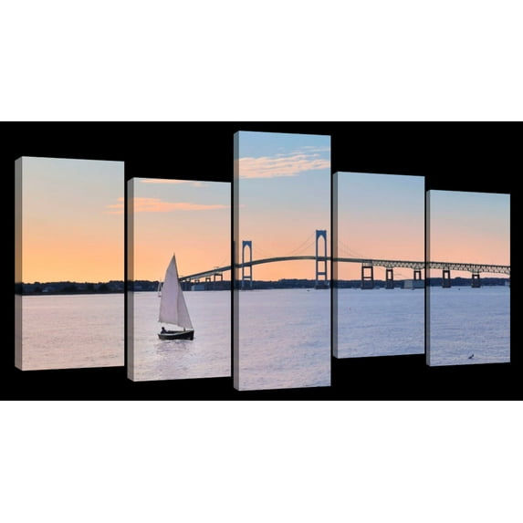 Elephant Stock Newport Bridge Wall Art - Horizontal Multi Panel Canvas - 5 Pieceliving Room Wall Decor - Photography Transportation Multi Panel - Blue And Purple Decor - 54" x 27"