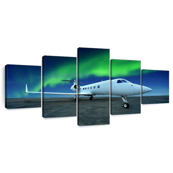 Elephant Stock Northern Lights Airplane Wall Art - Horizontal Multi Panel Canvas - 5 Pieceliving Room Wall Decor - Photography Transportation Multi Panel - Gray And Blue Decor - 74" x 34"